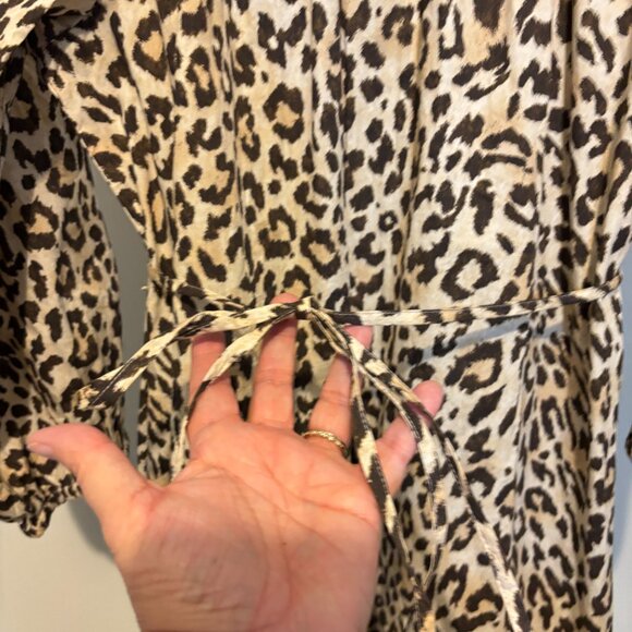 J. Crew Leopard Animal Print Ruffle Neck Smocked Puff Sleeve Dress - Picture 7 of 15